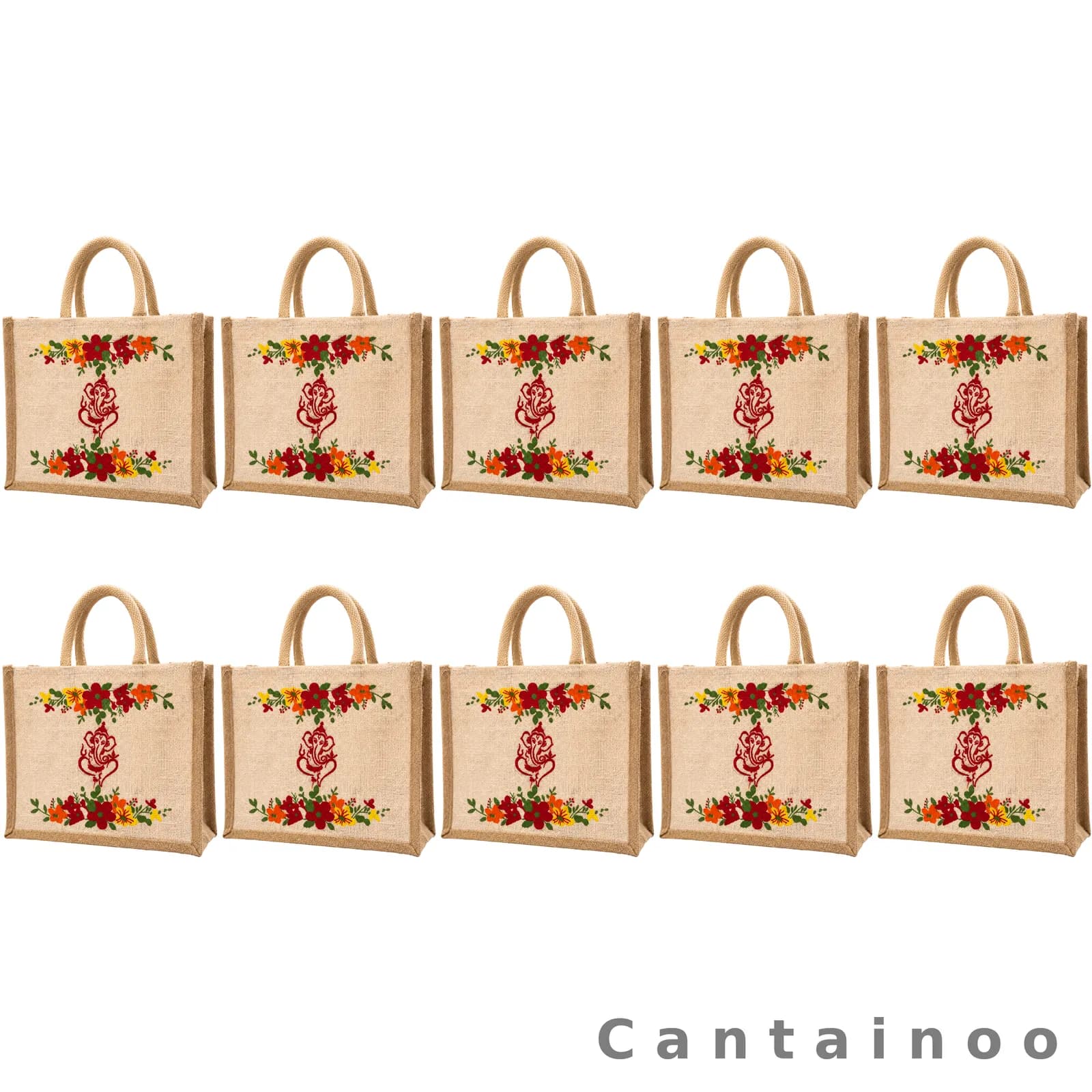 Divine Ganesha Floral Zip Jute Bag — Wedding Pooja Return Gift Tote